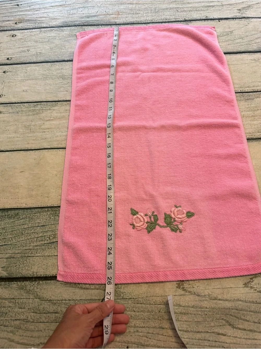 Vintage Martex pink embroidered floral hand towel. (Light fading)
